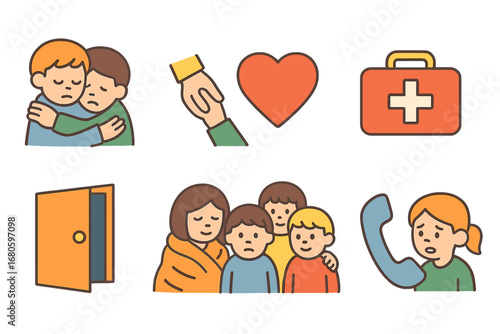 Comfort Symbols Collection. Flat vector mini-illustrations tragedy support in colors children's illustrations: comforting hug,