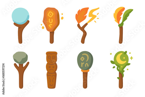 Enchanted Staff Illustrations. Flat vector mini-illustrations enchanted staffs in colors children's illustrations: staff with