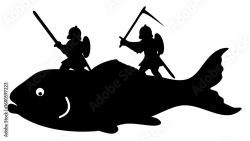 Two silhouetted warriors riding a large fish one holding a sword and the other a scythe illustration