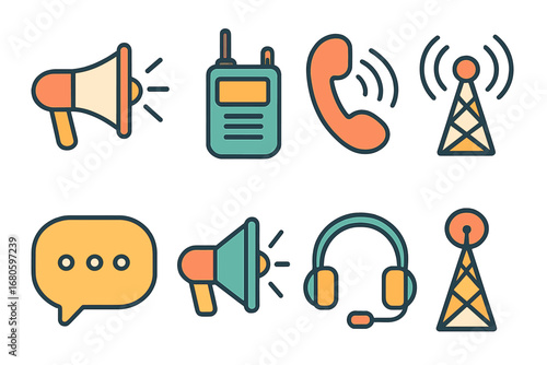 Communication Icons Grid. Flat vector mini-illustrations alert communication in colors children's illustrations: megaphone, walkie