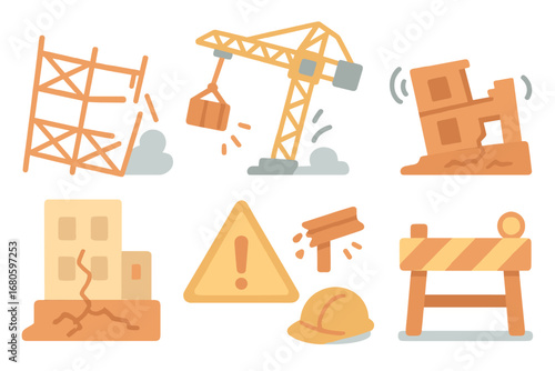 Construction Site Accidents. Flat vector mini-illustrations collapse in construction sites in colors children's illustrations: