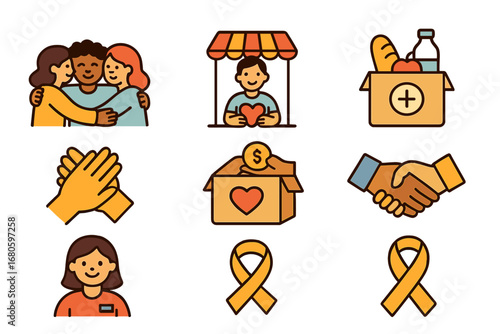 Community Support Icons. Flat vector mini-illustrations job loss community support in colors children's illustrations: group hug,
