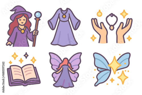 Enchantress Icon Grid. Flat vector mini-illustrations enchantress in colors children's illustrations: magical staff, flowing gown,
