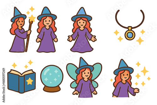 Enchantress Icon Grid. Flat vector mini-illustrations enchantress in colors children's illustrations: magical staff, flowing gown,