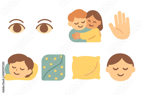 Cozy Comfort Icons. Flat vector mini-illustrations eyes and comfort in colors children's illustrations: gentle gaze, soothing