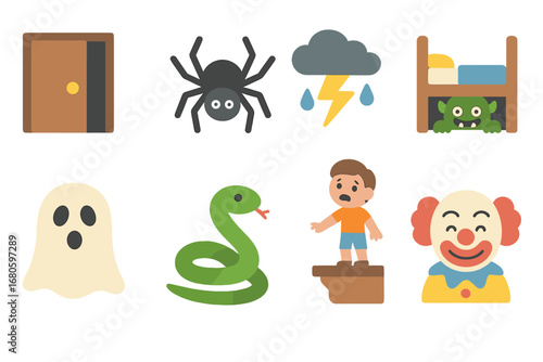 Children's Fearful Icons. Flat vector mini-illustrations common fears in colors children's illustrations: dark room, spider,