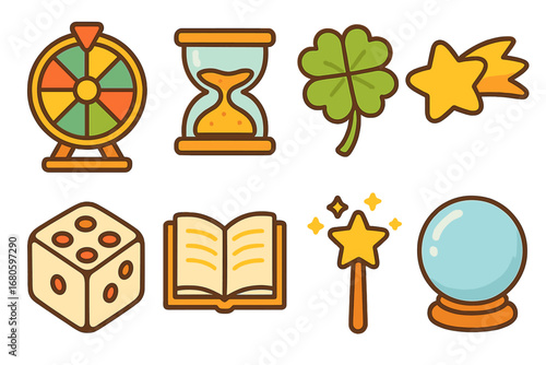 Children's Fate Icons. Flat vector mini-illustrations fate symbols in colors children's illustrations: spinning wheel, hourglass,