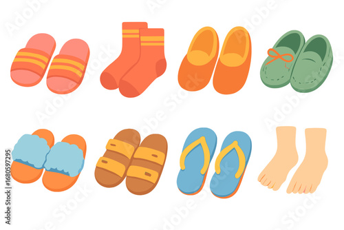 Children's Footwear Icons. Flat vector mini-illustrations indoor footwear in colors children's illustrations: slippers, socks,