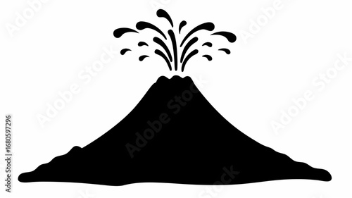 Illustration of a volcano erupting with lava and ash cloud in black and white simple silhouette style image