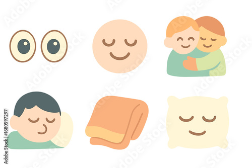 Cozy Comfort Icons. Flat vector mini-illustrations eyes and comfort in colors children's illustrations: gentle gaze, soothing
