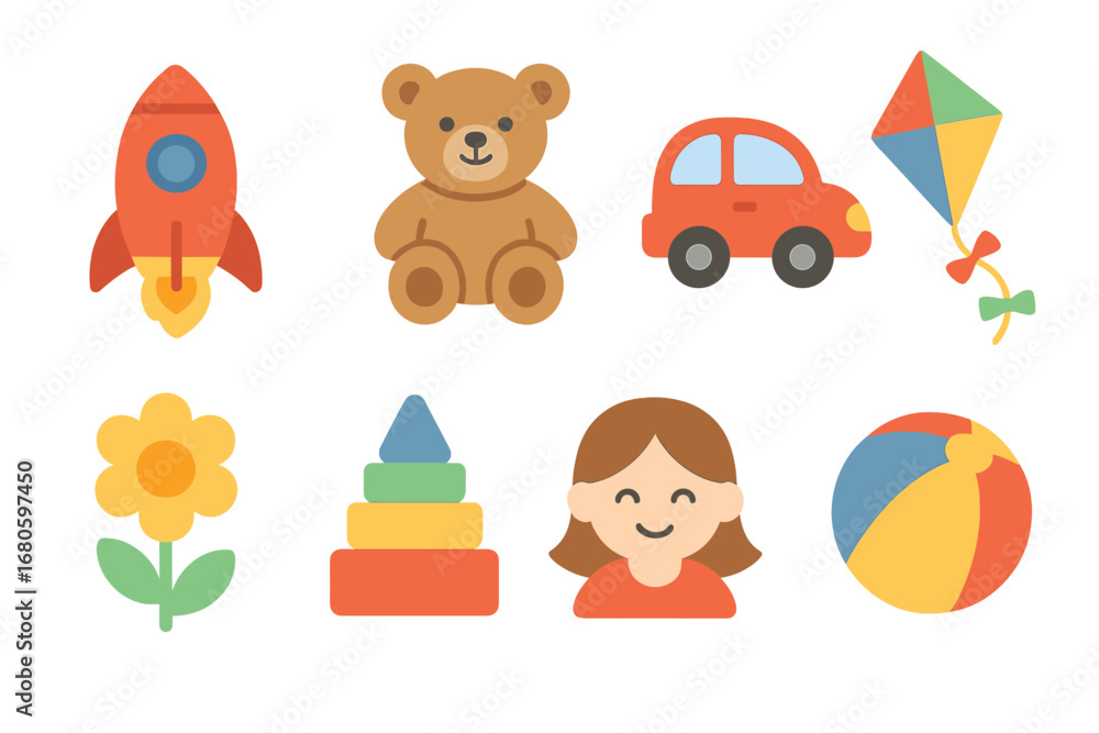 Fototapeta premium Children's Icon Grid. Flat design illustrations, designed as children's illustrations. All icons equally spaced in a 2×4 grid (4