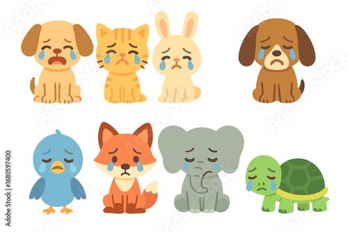 Crying Animal Icons. Flat vector mini-illustrations crying animals in colors children's illustrations: crying puppy, sad kitten,