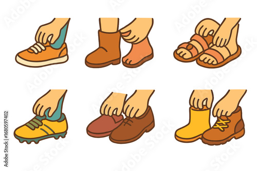 Children's Footwear Grid. Flat vector mini-illustrations fitting footwear in colors children's illustrations: sneakers fitting,