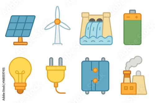 Energy Conversion Icons. Flat vector mini-illustrations energy conversion in colors children's illustrations: solar panel, wind