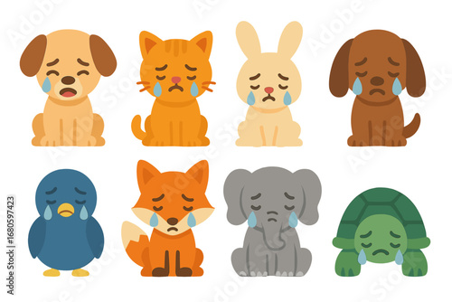 Crying Animal Icons. Flat vector mini-illustrations crying animals in colors children's illustrations: crying puppy, sad kitten,