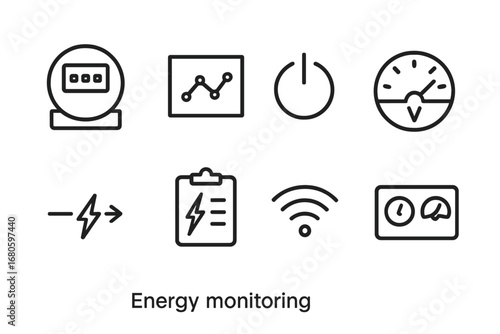 Energy Monitoring Icons. Outline icon set of energy monitoring: smart meter, data graph, power button, voltage meter, current flow