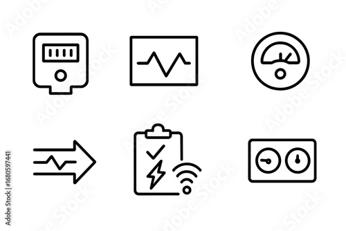 Energy Monitoring Icons. Outline icon set of energy monitoring: smart meter, data graph, power button, voltage meter, current flow