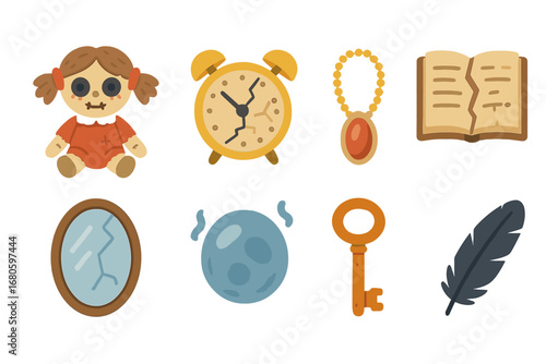 Cursed Object Illustrations. Flat vector mini-illustrations cursed objects in colors children's illustrations: haunted doll,