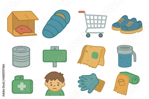 Children's Homelessness Icons. Flat vector mini-illustrations homelessness in colors children's illustrations: cardboard shelter,