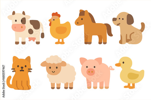 Wallpaper Mural Cute Village Animals. Flat vector mini-illustrations village animals in colors children's illustrations: cows, chickens, horses, Torontodigital.ca