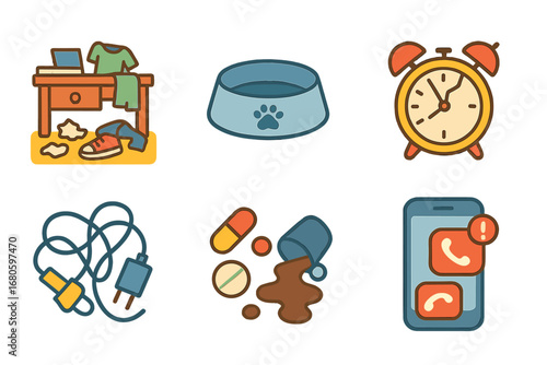Daily Life Icons. Flat vector mini-illustrations addiction and daily life struggles in colors children's illustrations: messy room