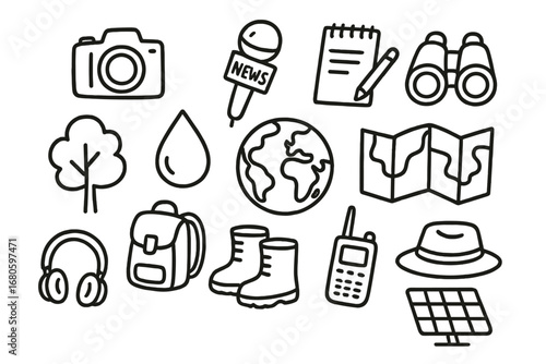 Environmental Reporting Tools. Hand-drawn doodle illustration Environmental reporting camera, microphone, notepad, binoculars,