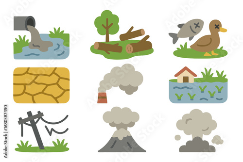 Environmental Disaster Icons. Flat vector mini-illustrations disaster environmental impact in colors children's illustrations: