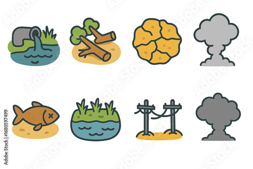 Environmental Disaster Icons. Flat vector mini-illustrations disaster environmental impact in colors children's illustrations: