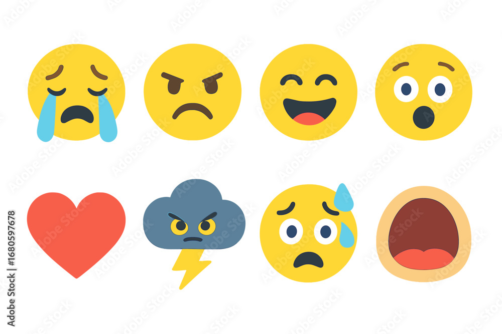 Fototapeta premium Expressive Emotion Icons. Flat vector mini-illustrations emotional intensity in colors children's illustrations: crying face,