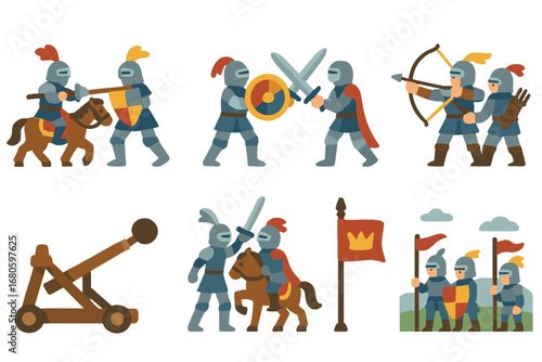Children's Medieval Battle Icons. Flat vector mini-illustrations knight battles in colors children's illustrations: jousting lance
