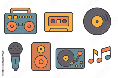 Children's Music Icons. Flat vector mini-illustrations boom box in colors children's illustrations: classic boombox, cassette tape