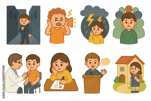 Everyday Fears Icons. Flat vector mini-illustrations fear in everyday situations in colors children's illustrations: dark alley,