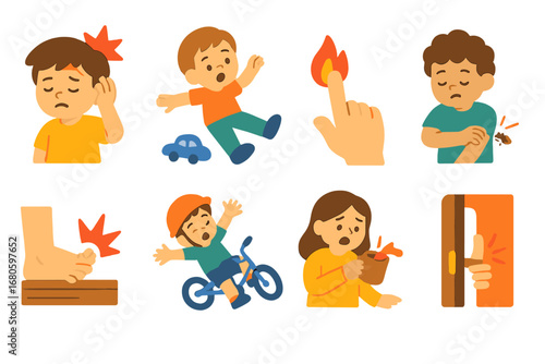 Everyday Ouch Moments. Flat vector mini-illustrations pain in everyday accidents in colors children's illustrations: bump on head,