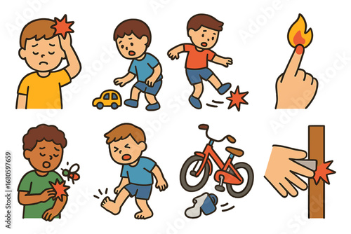 Everyday Ouch Moments. Flat vector mini-illustrations pain in everyday accidents in colors children's illustrations: bump on head,