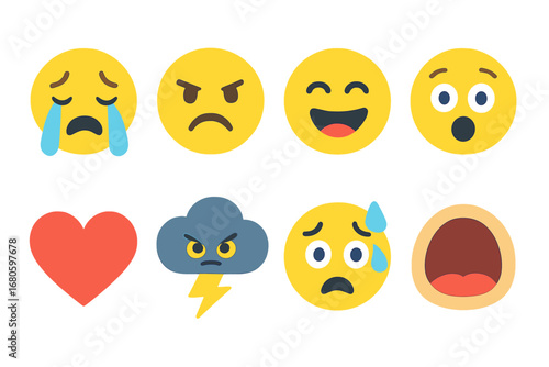Expressive Emotion Icons. Flat vector mini-illustrations emotional intensity in colors children's illustrations: crying face,