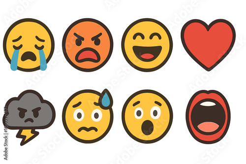 Expressive Emotion Icons. Flat vector mini-illustrations emotional intensity in colors children's illustrations: crying face,