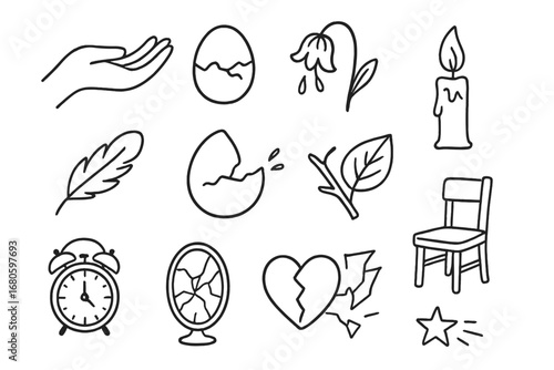 Delicate Strength Symbols. Hand-drawn doodle illustration delicate strength fragile hand, cracked shell, wilting flower, soft