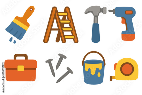 Children's Repair Tools. Flat vector mini-illustrations home repair in colors children's illustrations: paintbrush, ladder, hammer