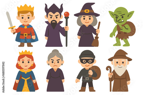 Fairy Tale Icons. Flat vector mini-illustrations fairy tale heroes and villains in colors children's illustrations: brave prince,