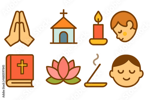 Children's Reverence Icons. Flat vector mini-illustrations reverence in colors children's illustrations: praying hands, temple,