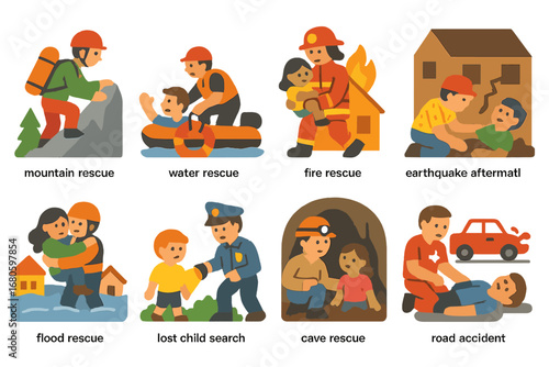 Children's Rescue Scenarios. Flat vector mini-illustrations rescue scenarios in colors children's illustrations: mountain rescue,