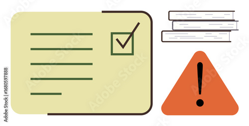 Checklist with ticked task, exclamation triangle, and books pile. Ideal for productivity, organization, education, safety, reminders priority management compliance. Simple flat metaphor