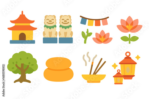 Children's Sanctuary Icons. Flat vector mini-illustrations sanctuary in colors children's illustrations: peaceful temple, guardian