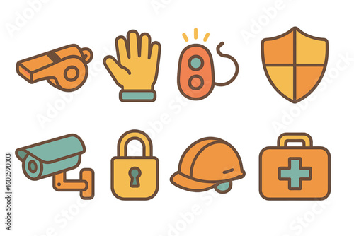 Children's Safety Tools. Flat vector mini-illustrations abuse and safety tools in colors children's illustrations: safety whistle,