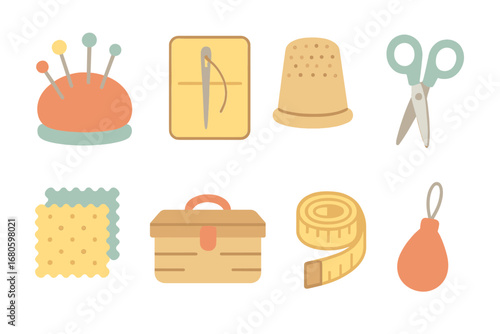 Children's Sewing Tools. Flat vector mini-illustrations needle safety in colors children's illustrations: pin cushion, needle case