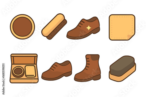 Children's Shoe Care Icons. Flat vector mini-illustrations shoe polish in colors children's illustrations: shoe polish tin, shoe