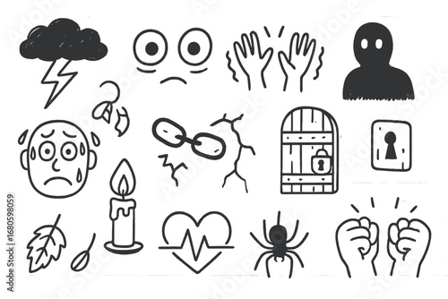 Dreadful Doodle Chaos. Hand-drawn doodle illustration dread dark cloud, wide eyes, trembling hands, shadow figure, broken chain,