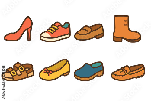 Children's Shoe Styles. Flat vector mini-illustrations shoe styles in colors children's illustrations: high heels, sneakers,