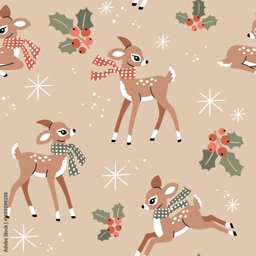 Fototapeta premium Seamless vector pattern with cute deer, pine trees, berries and snowflakes. Hand drawn vintage Christmas fawn. Perfect for textile, wallpaper or nursery print design.