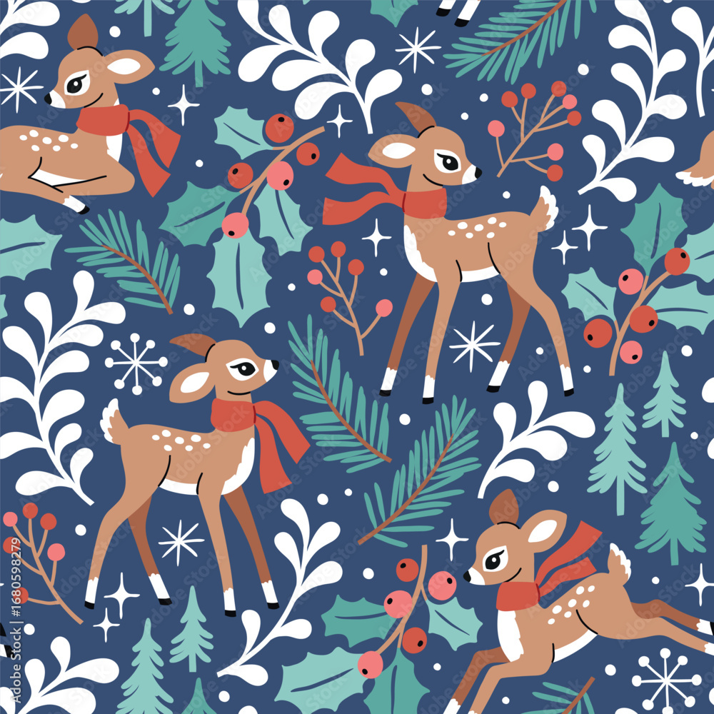Naklejka premium Seamless vector pattern with cute deer, pine trees, berries and snowflakes. Hand drawn vintage Christmas fawn. Perfect for textile, wallpaper or nursery print design.